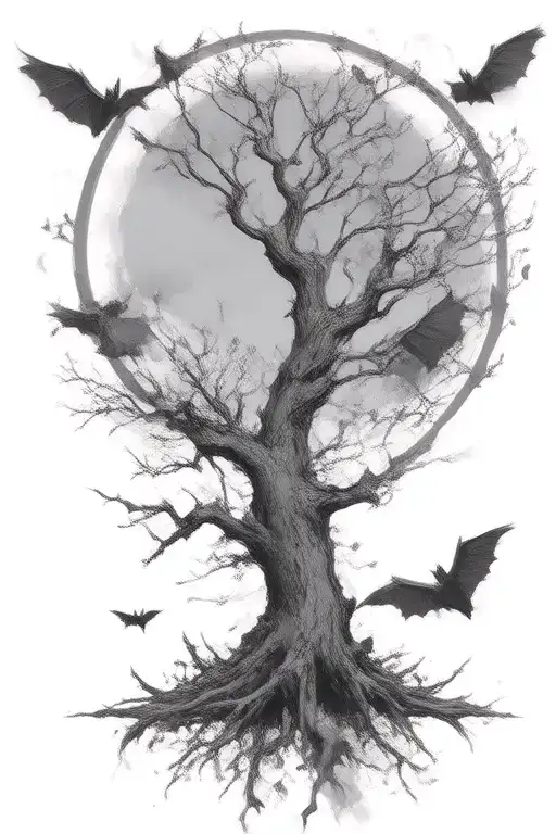 poison tree and moon with bats flying tattoo design idea