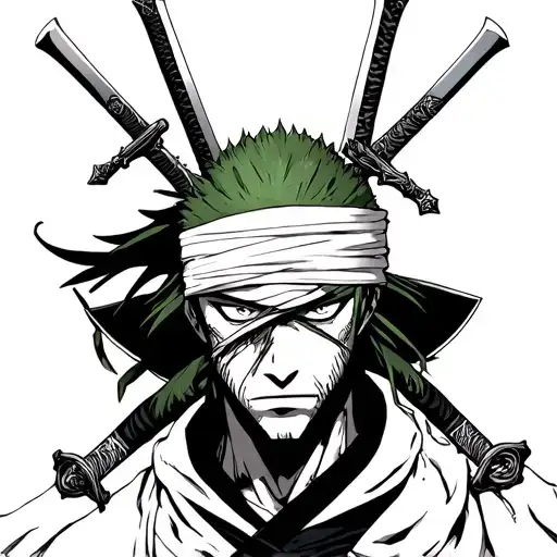 Roronoa Zoro from van rice with three swords, one of which is in Trus. A bandage is on the head tattoo design idea