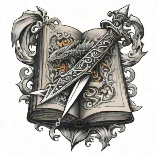 an open book seen from the bottom, with an ornate dagger pointing on the center of the book. with a dragon and a flame tattoo design idea