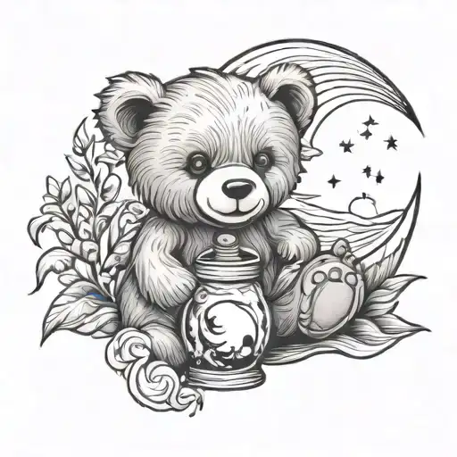 teddy bear waxing gibbous moon aquarius water vase tattoo design idea