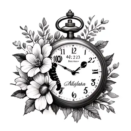 detailed pocket watch baby footprint December birth flower and name Aaliyah with date 04-12-23 tattoo design idea