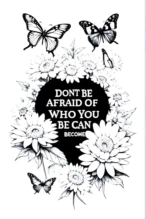 THE WORDS “DONT BE AFRAID OF WHO YOU CAN BECOME” above a bunch of BUTTERFLIES AND CHRYSANTHEMUM FLOWERS. with a cross tattoo design idea