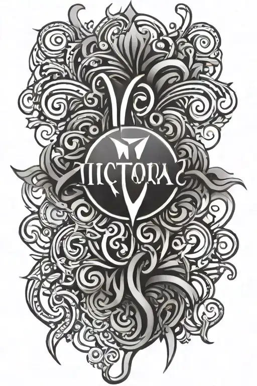 A tattoo that reflects strength, and the name Victoria, with a tribal and gothic style. It can be V shapped tattoo design idea