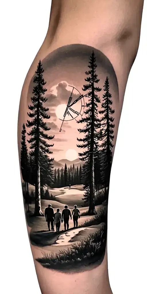 pine forest scene and family on golf course and ansel adams and sun clock tattoo design idea
