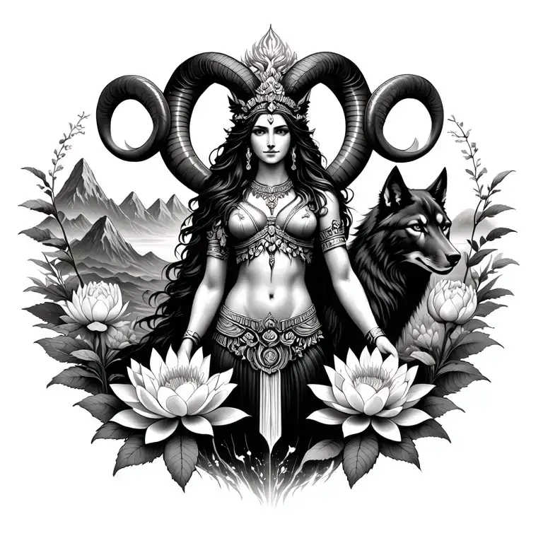 Aries goddess of war surrounded by poeny and lotus flowers with a black wolf and mountains range  tattoo design idea
