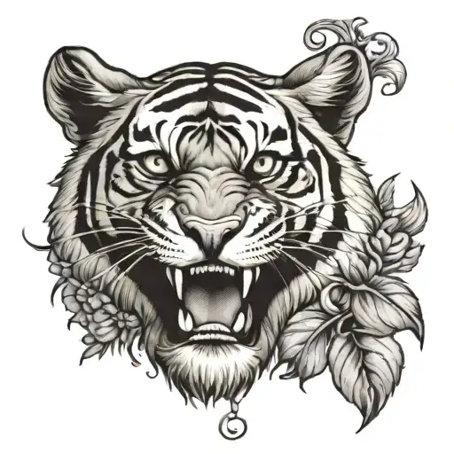 tiger with lavendar flowers with fleur de lis  and mardi gras beads tattoo design idea