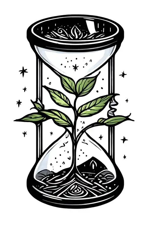 A small hourglass with a sprouting plant inside it from and only in th Bottom bulb. and on top bulb ther are small stars tattoo design idea