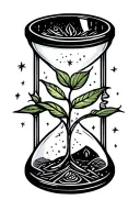 A small hourglass with a sprouting plant inside it from and only in th Bottom bulb. and on top bulb ther are small stars tattoo design idea