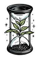 A small hourglass with a sprouting plant inside it from and only in th Bottom bulb. and on top bulb ther are small stars tattoo design idea