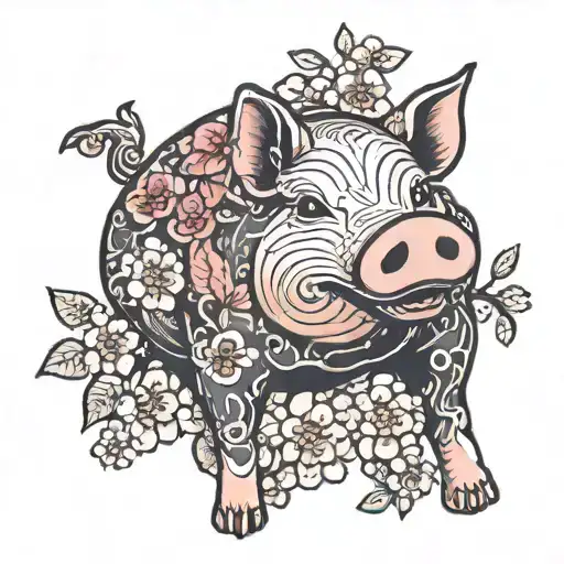 Traditional Japanese-style tattoo of a pig with cherry blossoms, designed for the back of the hand. The pig is detailed  tattoo design idea