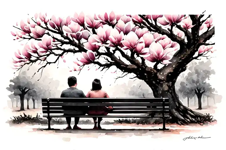 magnolia tree, semi bloom, 2 people embraced on a park bench, view from behind, black frame,tattoo,b/w tattoo design idea