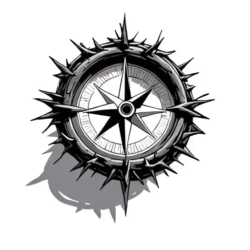 compass with north pointing to a crown of thorns Jesus wore on his head tattoo design idea