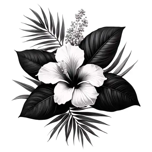 palm branches and hibiscus flowers large black leaves tattoo design idea