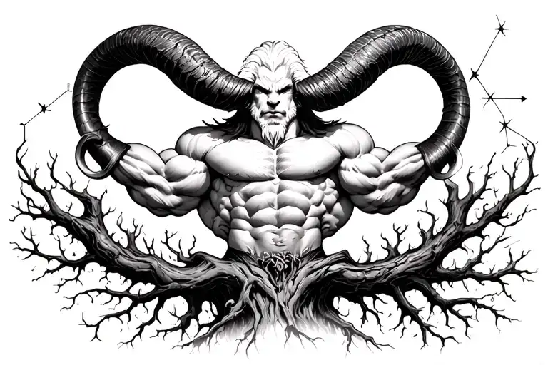 gay male horned satyr with massive bodybuilder muscles. tree roots, constellations, woodland wild animals tattoo design idea