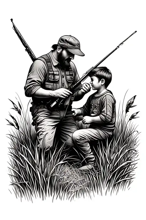 hunter father teaching duck hunting to his son in reed field, background view tattoo design idea