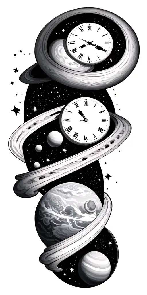 solar system with 3 clocks representing birthdays tattoo design idea