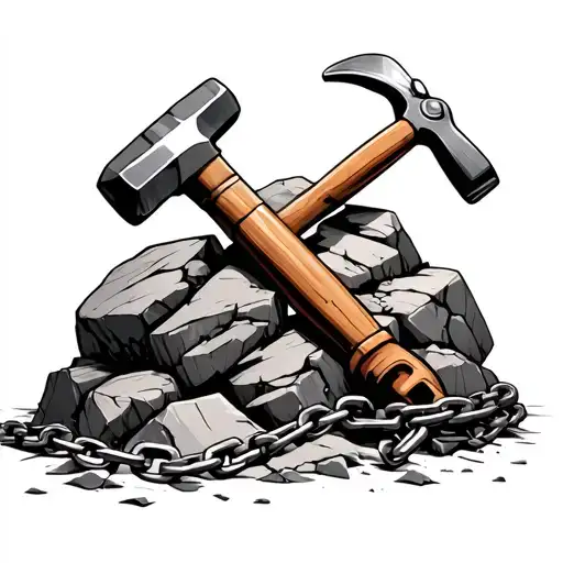 rocks cracks sledgehammer and chain in the foreground tattoo design idea
