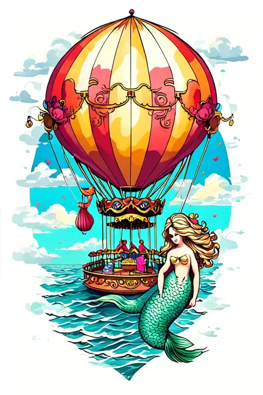 land, sea, and sky with a mermaid, a carousel, and a hot air balloon tattoo design idea