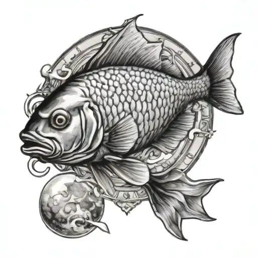 tarot card Pisces fish with moon background black tattoo design idea