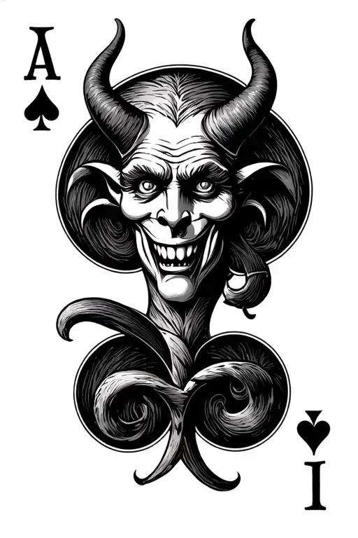 playing card with devil  as the face but the card number should be the number 13 of spades in an old English font tattoo design idea