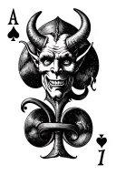 playing card with devil  as the face but the card number should be the number 13 of spades in an old English font tattoo design idea