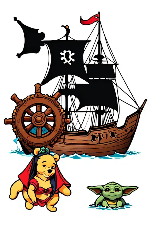 A tattoo with Cinderella, chip, gus Gus, Pocahontas, a pirate ship wheel, Winnie the Pooh, piglet and baby yoda in it tattoo design idea