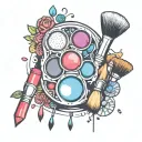 A tattoo design of a colorful makeup palette with brushes and lipstick, representing a love for makeup and beauty products tattoo design idea