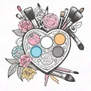 A tattoo design of a colorful makeup palette with brushes and lipstick, representing a love for makeup and beauty products tattoo design idea