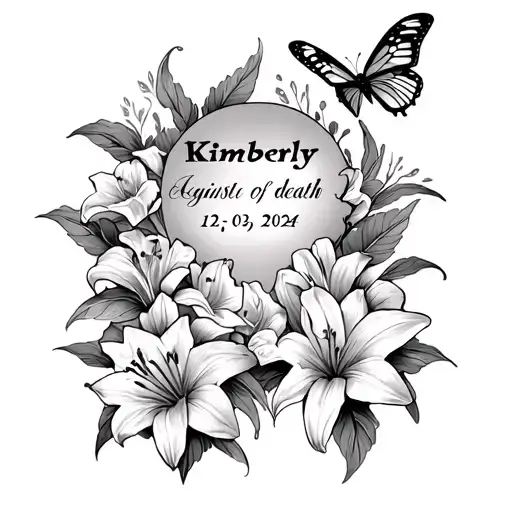 calf tattoo with the name Kimberly date of death 12-03-2024 against the flower lilys and butterflies around no color tattoo design idea