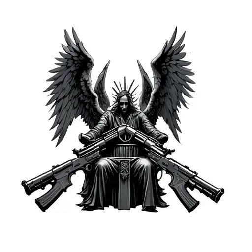 Throne of guns with angels around it luminous points tattoo design idea