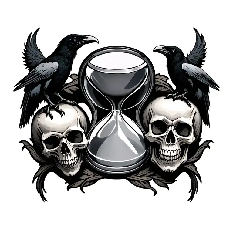 Hourglass with skulls and ravens perched tattoo design idea