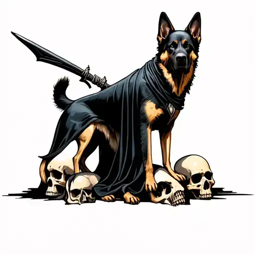 grim reaper with German Shepard dog standing on skulls tattoo design idea