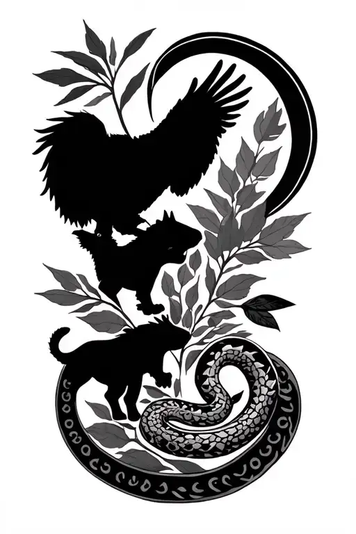 Peruvian moutain range outline incorporating a cougar, a condor, and snake and coca leaves and pachamama spiral tattoo design idea