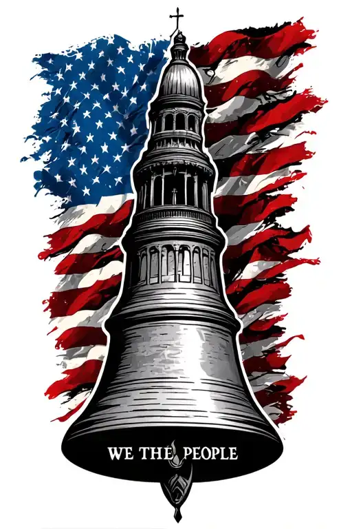 "we the people" with bell tower shape and american flag tattoo design idea