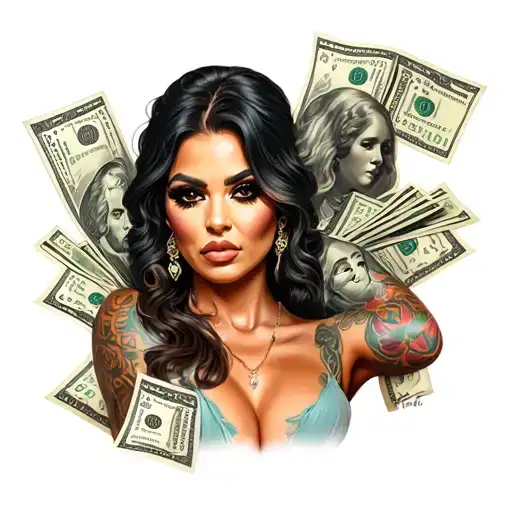 a gangster style full arm tattoo with money and female figures tattoo design idea