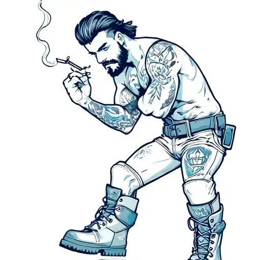 male blue collar pinup wearing work boots. he has a mullet and a beard and 3 tattoos smoking a cigarette  tattoo design idea