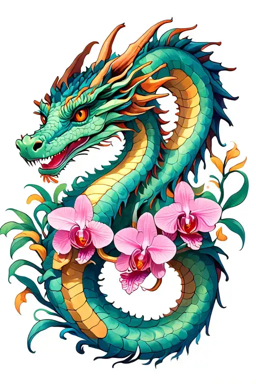 dragon with orchids  tattoo design idea