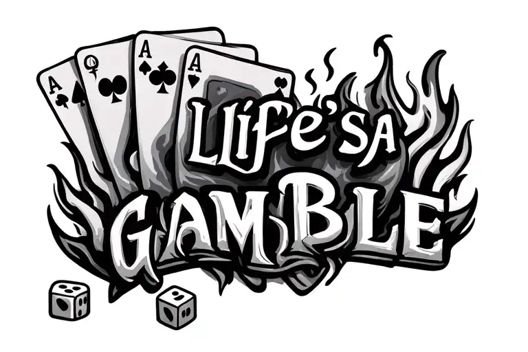 A tattoo sketch of the words life’s a gamble with three cards and some dice with flames behind it tattoo design idea