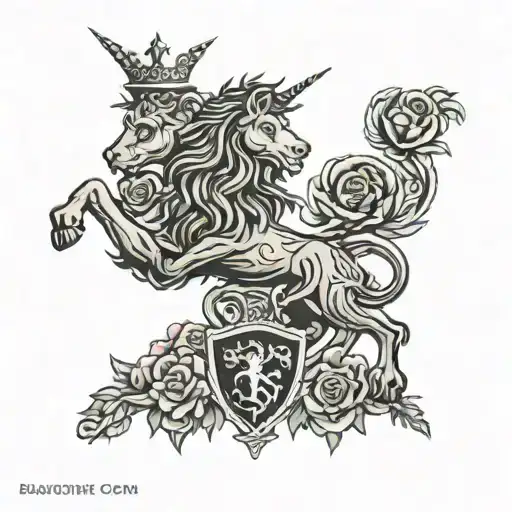 Scottish clan crest with heraldic crown with thistles and roses intertwined featuring a unicorn and lion rampant  tattoo design idea