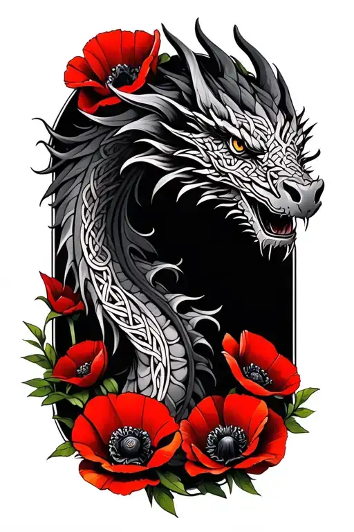 celtic dragon sureounded by red poppies tattoo design idea