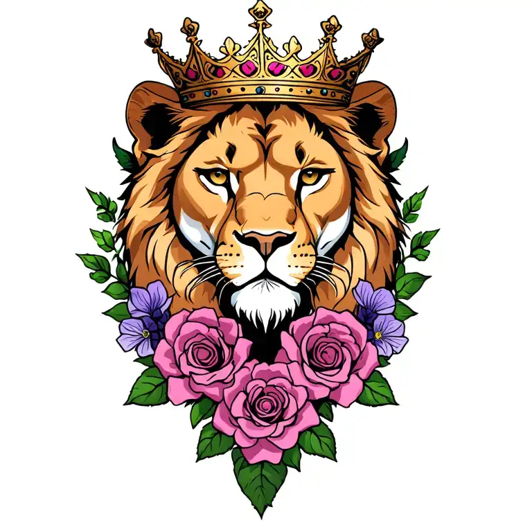 lioness wearing a crown with roses and violets tattoo design idea