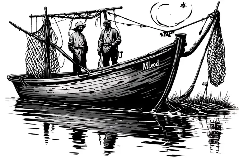 Old fishing skiff with McLeod as the name of the boat. fisherman net fishing in a creek with the moon shining down tattoo design idea