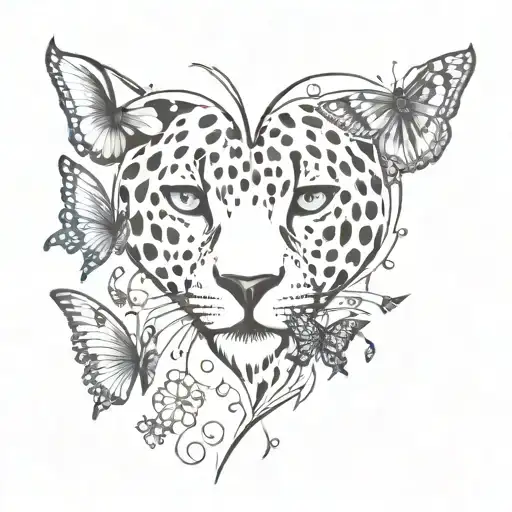 A tattoo design of a cheetah print heart with butterflies and crystals floating around it tattoo design idea