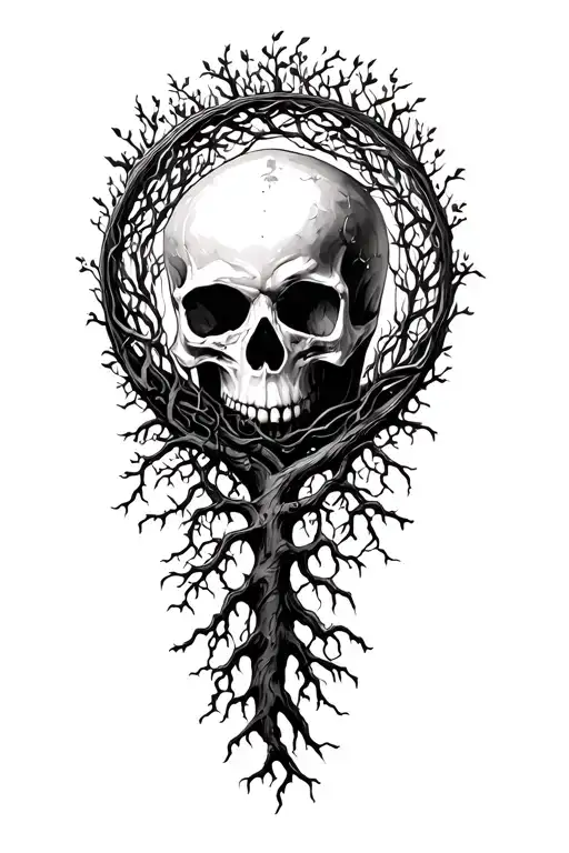 circle tree of life with skull intertwined tattoo design idea