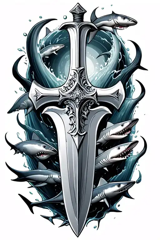 sword with cross with water effects and sharks swimming around it with no background tattoo design idea
