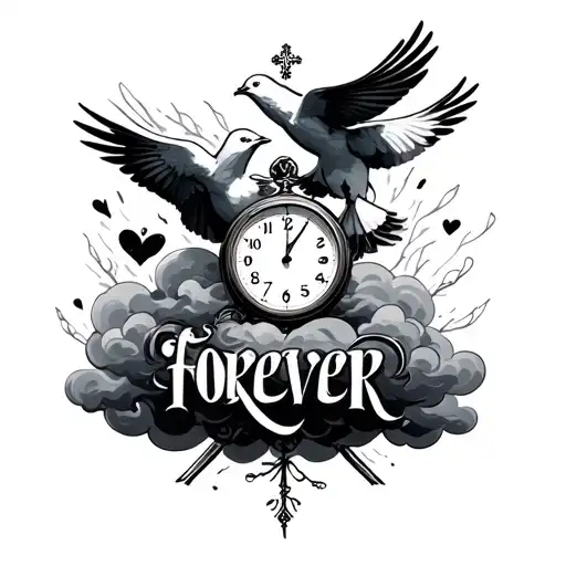 forever lonely in text add doves add shading add a clock add a cross add clouds tattoo design idea