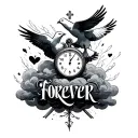forever lonely in text add doves add shading add a clock add a cross add clouds tattoo design idea