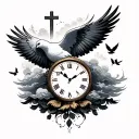 forever lonely in text add doves add shading add a clock add a cross add clouds tattoo design idea