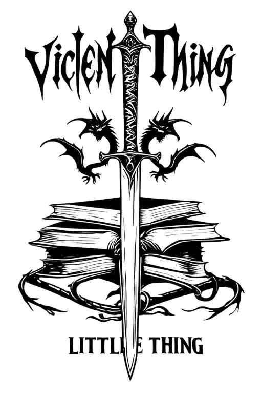 books with a dagger piercing them surrounded by dragons and the quote "Violent Little Thing" tattoo design idea