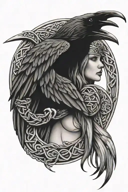 female viking warrior raven celtic knot tattoo design idea